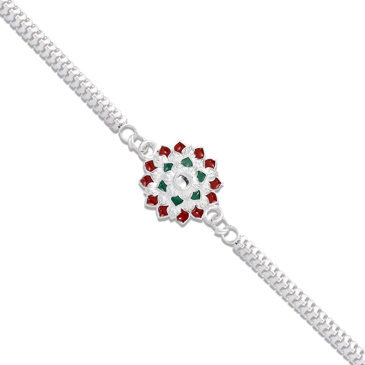 Stylish Silver Chain Rakhi worn on a brother's wrist, showing comfortable fit.