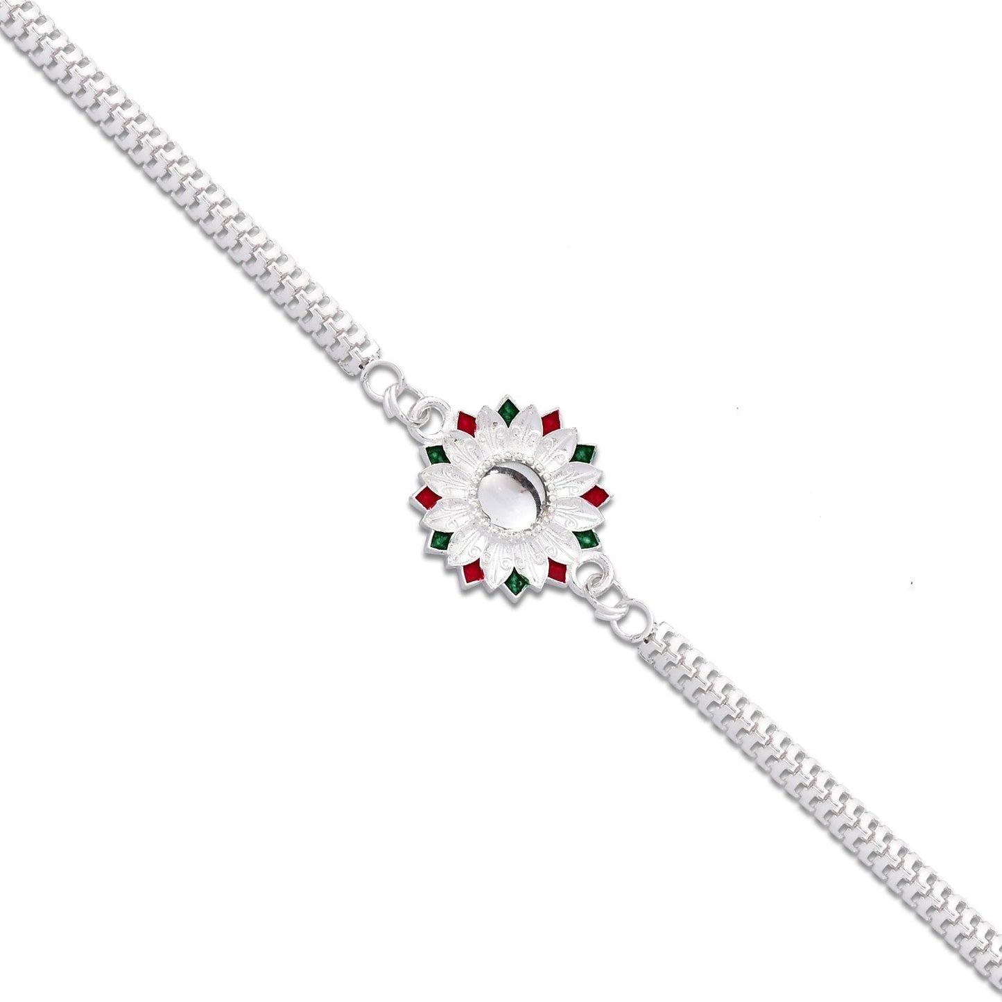 Designer Silver Rakhi with red-green Meenakari detail, perfect for Raksha Bandhan.