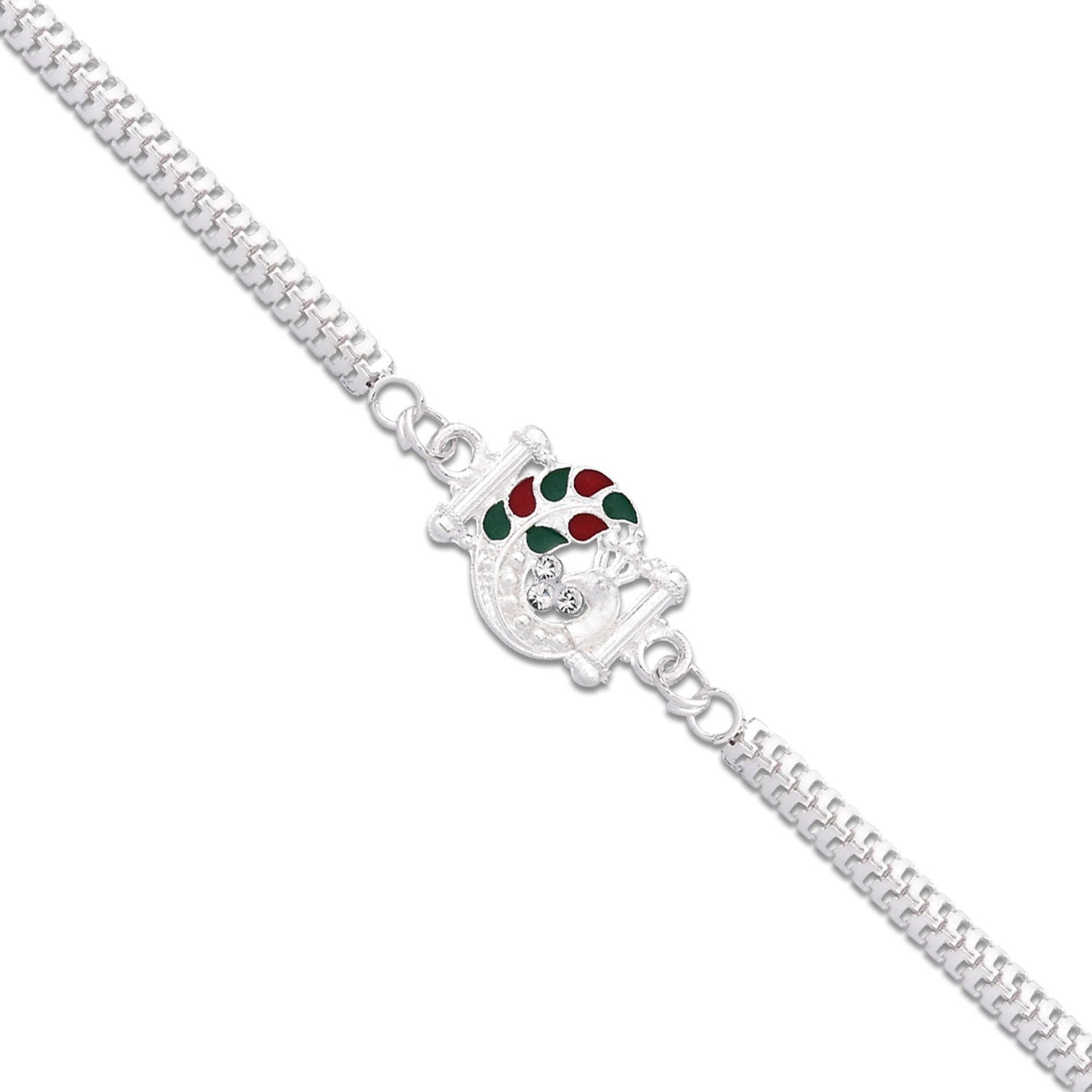 Beautiful Silver Finish Rakhi presented on traditional gift background