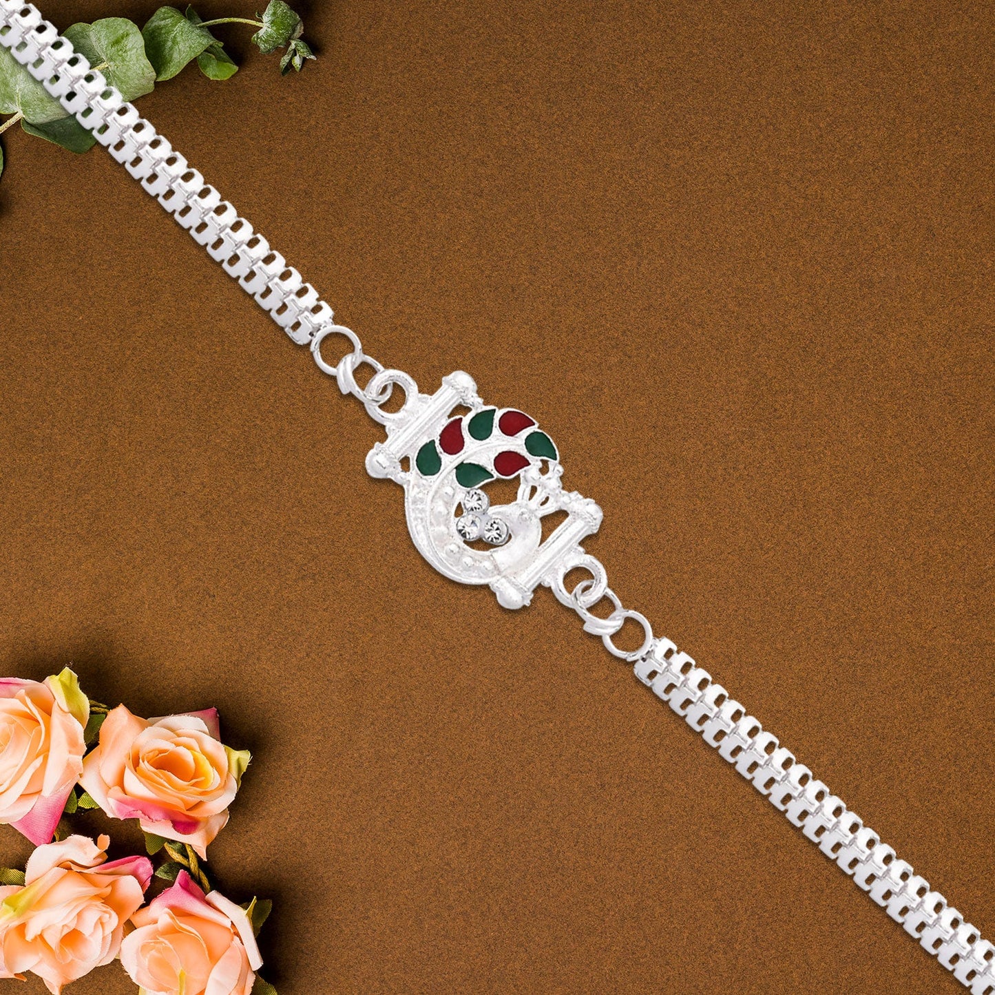 Silver Finish Rakhi worn on wrist highlighting comfortable fit and design