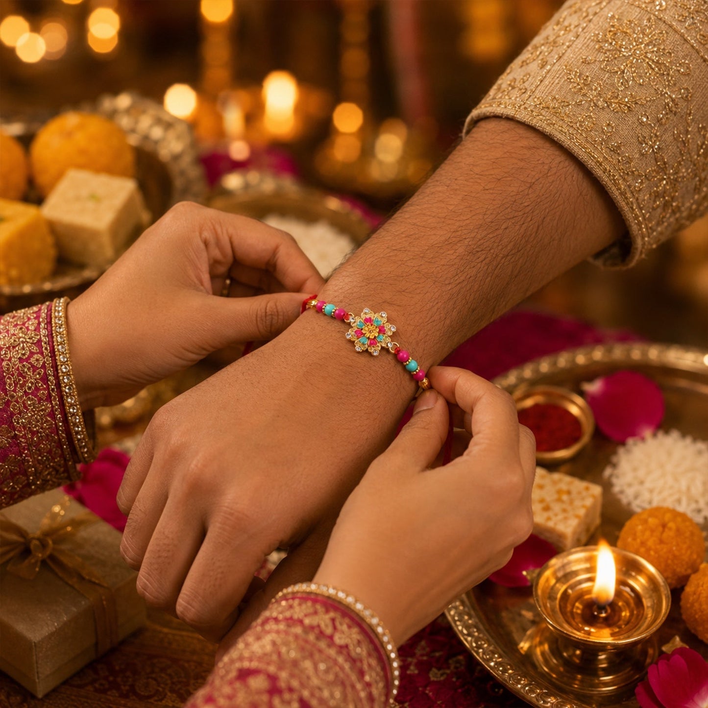 Close-up of decorative beads on pink floral mandala brother Rakhi