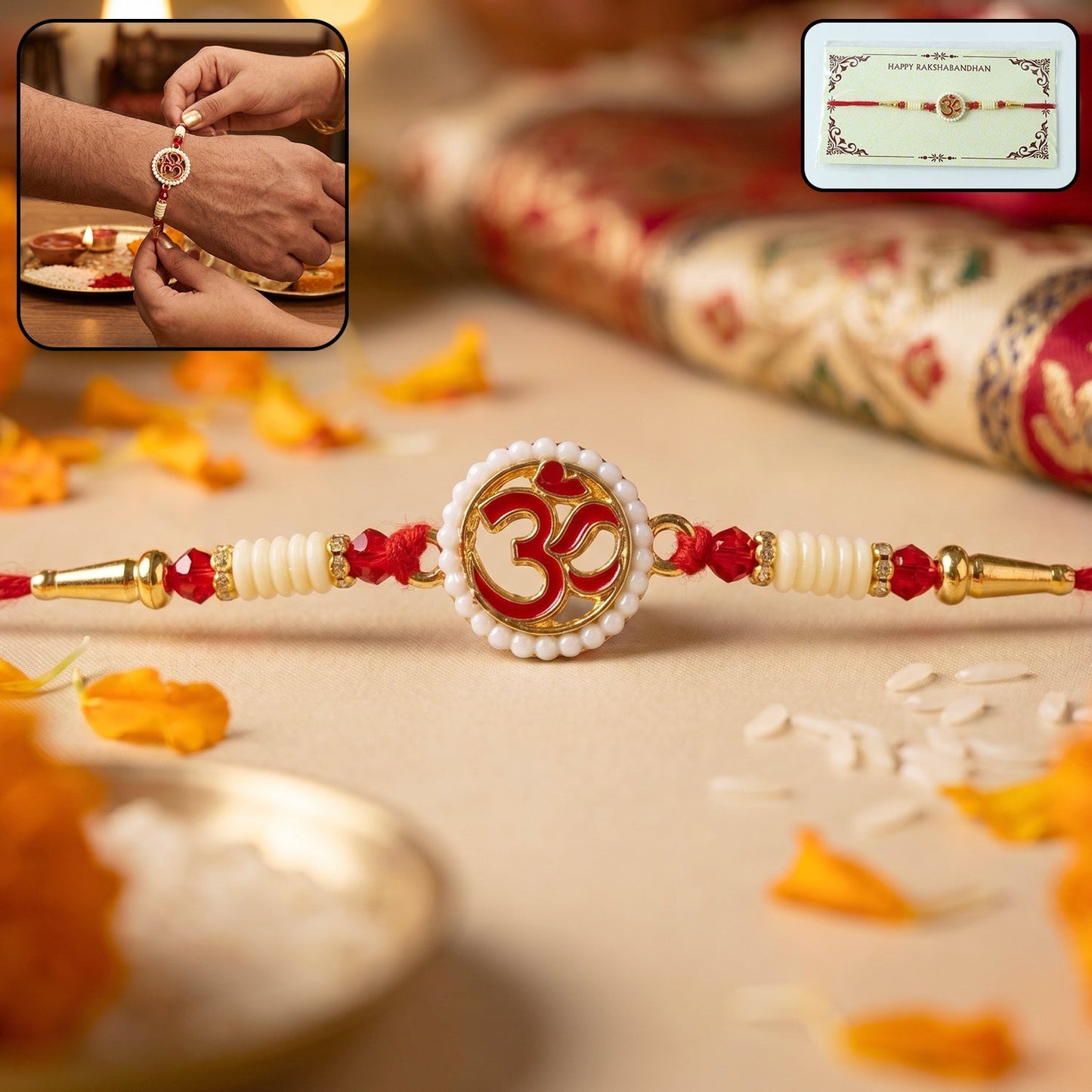 Front view of OM Symbol Pearl Frame Designer Rakhi with beaded design