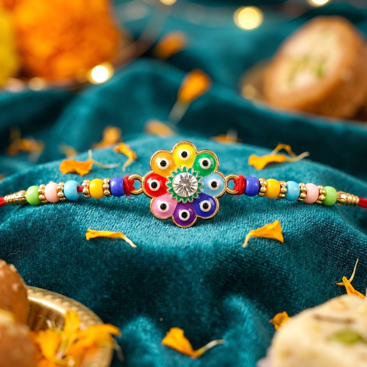 Soft thread with colorful evil eye flower centerpiece on Rakhi