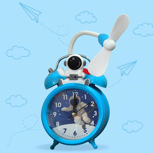 Astronaut Design Kids Alarm Clock with Cooling Fan | Cute Blue Cartoon Space Themed Table Clock for Kids Bedroom, Study Table & Gifting | Silent Analog Quartz Clock with Fan â€“ Battery Operated