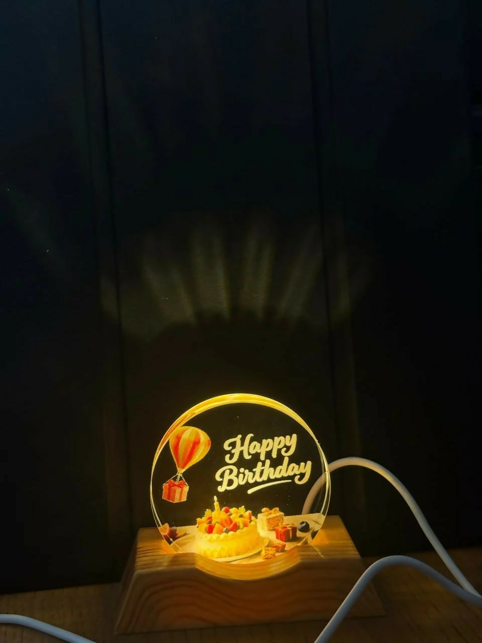 Happy Birthday LED Lamp Wooden Base Decorative Night Light