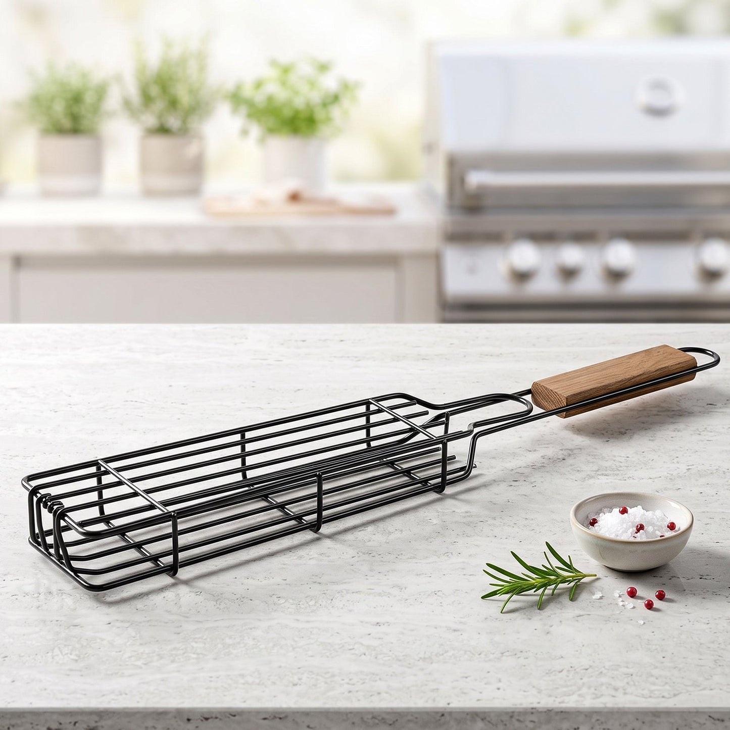 Grill basket filled with vegetables over hot coals
