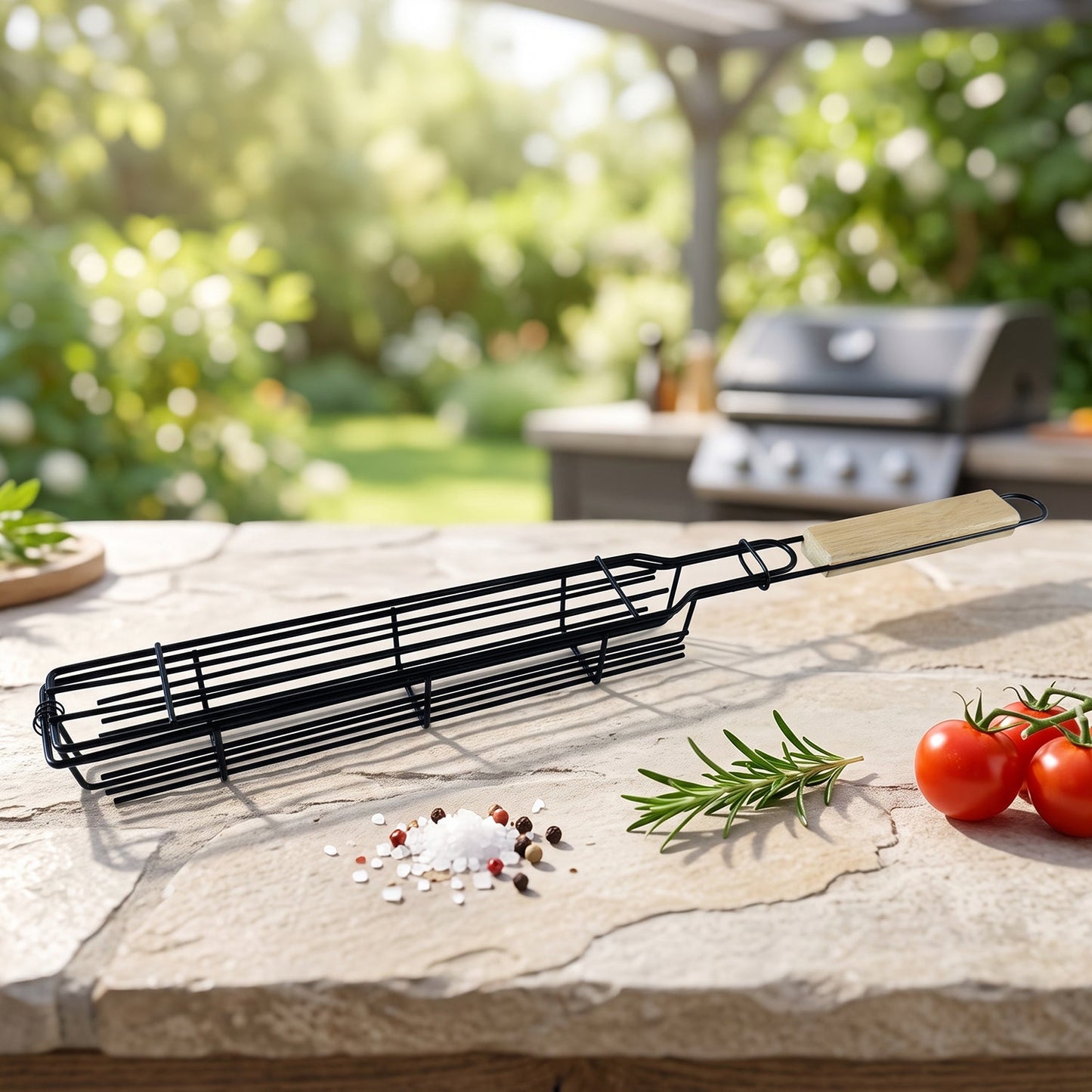 Wooden handle stays cool while grilling