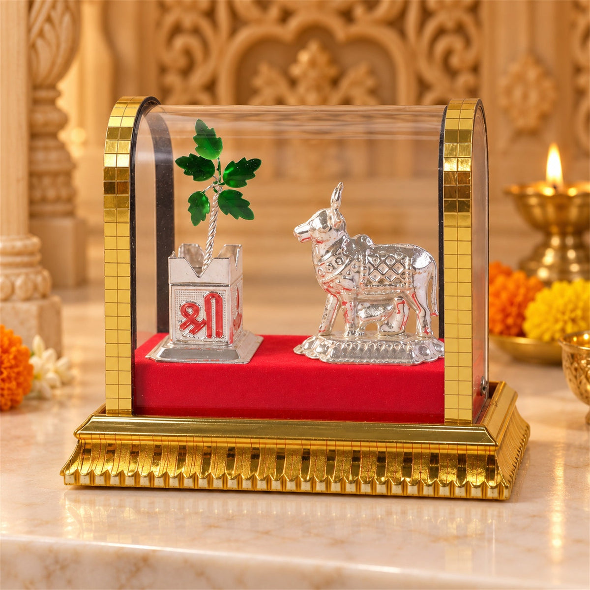 Kamdhenu cow calf idol silver pooja tulsi decor