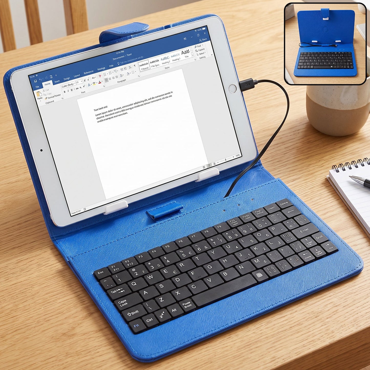 Portable Wired Tablet Keyboard with PU Leather Flip Case and Stand (1 Pc)