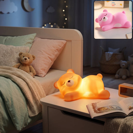 Sleeping bear LED night light, cute silicone bedside lamp for kids (1 pc)