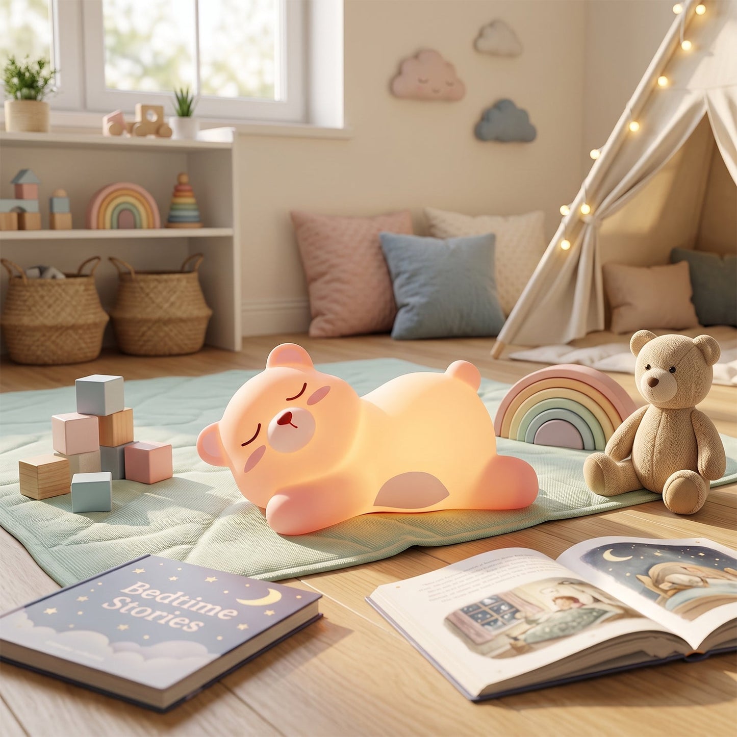Squeezable silicone bear LED lamp for gentle bedtime light