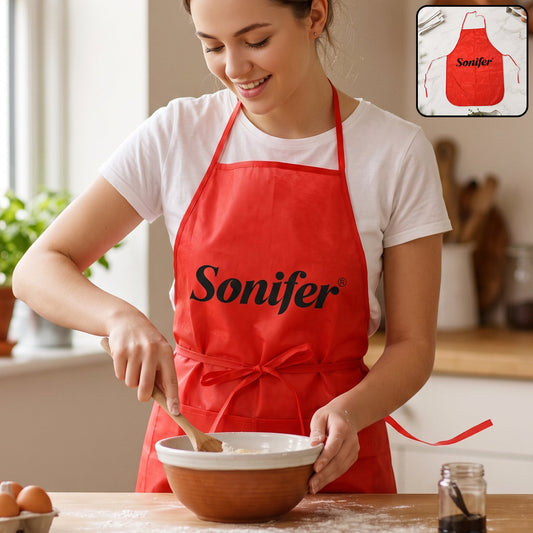 A smiling woman in a white t-shirt and a red Sonifer apron stirs batter in a bowl on a wooden counter