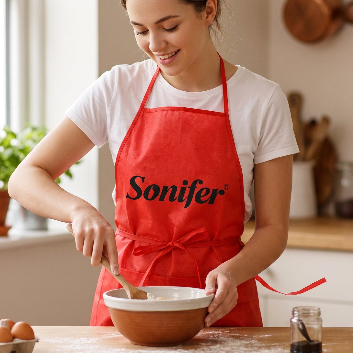 A smiling woman in a white t-shirt and a red Sonifer apron stirs batter in a bowl on a wooden counter.