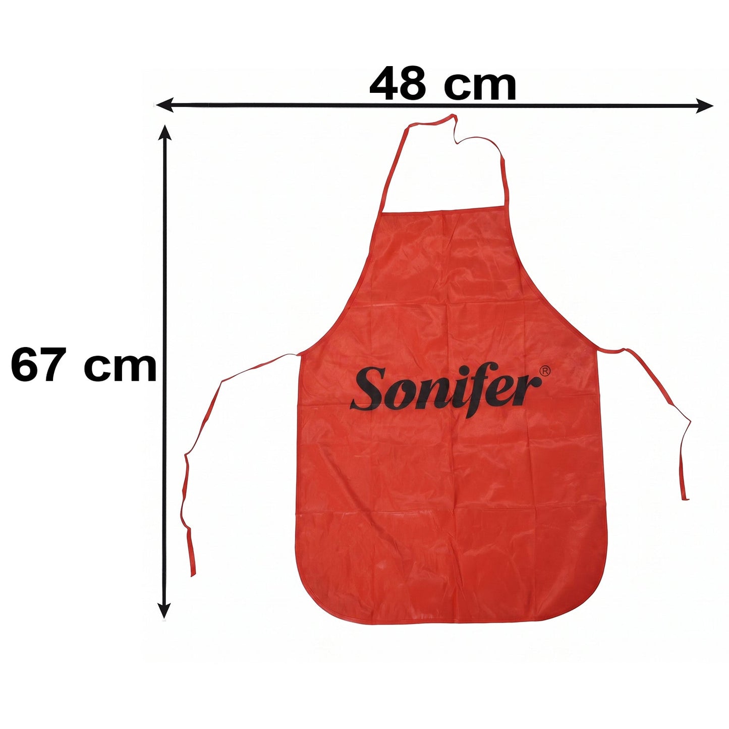 A red Sonifer apron with dimensions 48 cm width and 67 cm length against a white background.