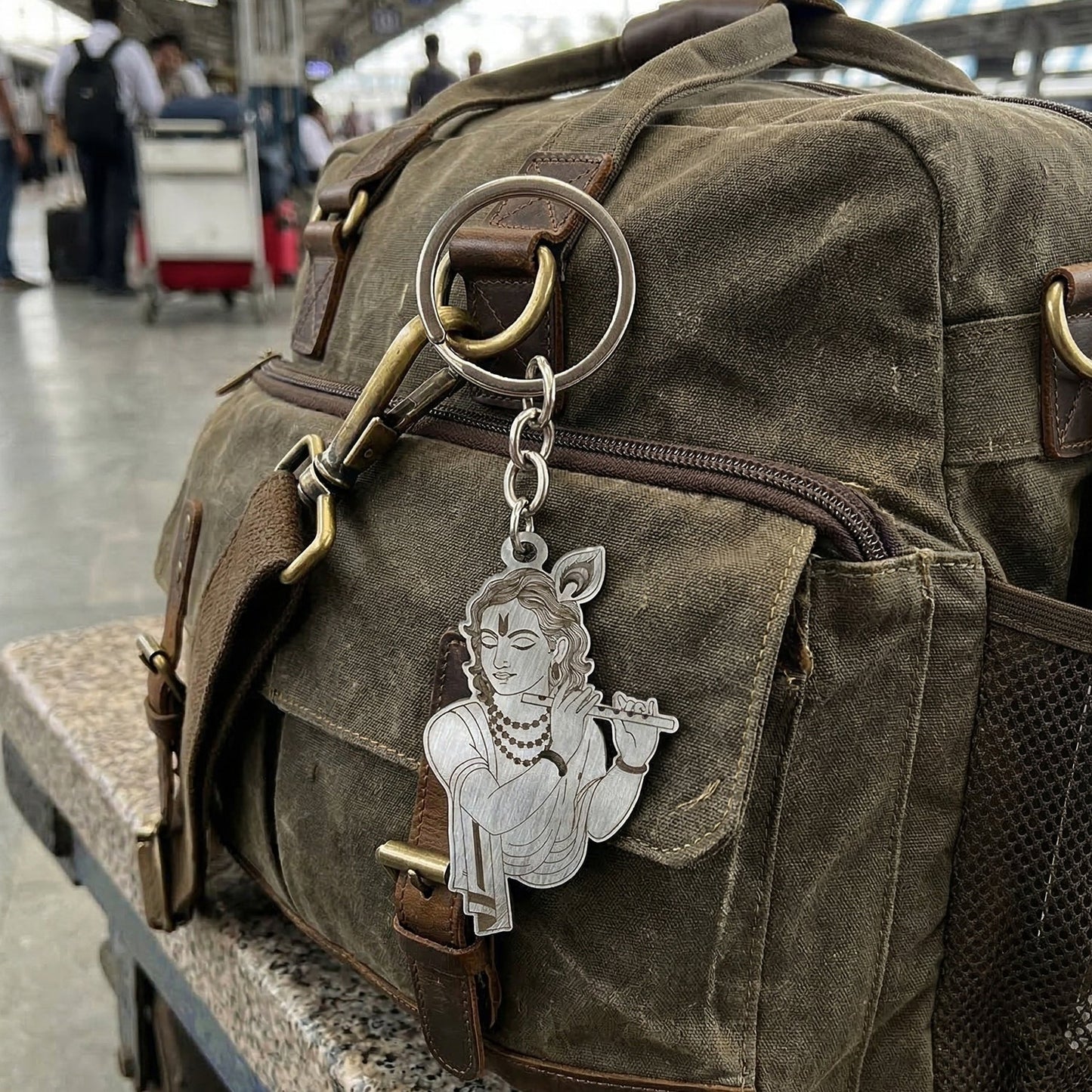 Elegant Metal Lord Krishna Engraved Keychain 1 Pc