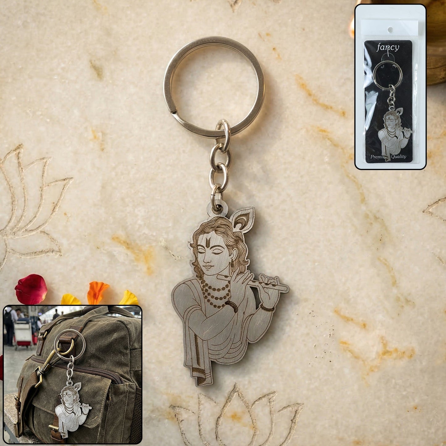 Elegant Metal Lord Krishna Engraved Keychain 1 Pc