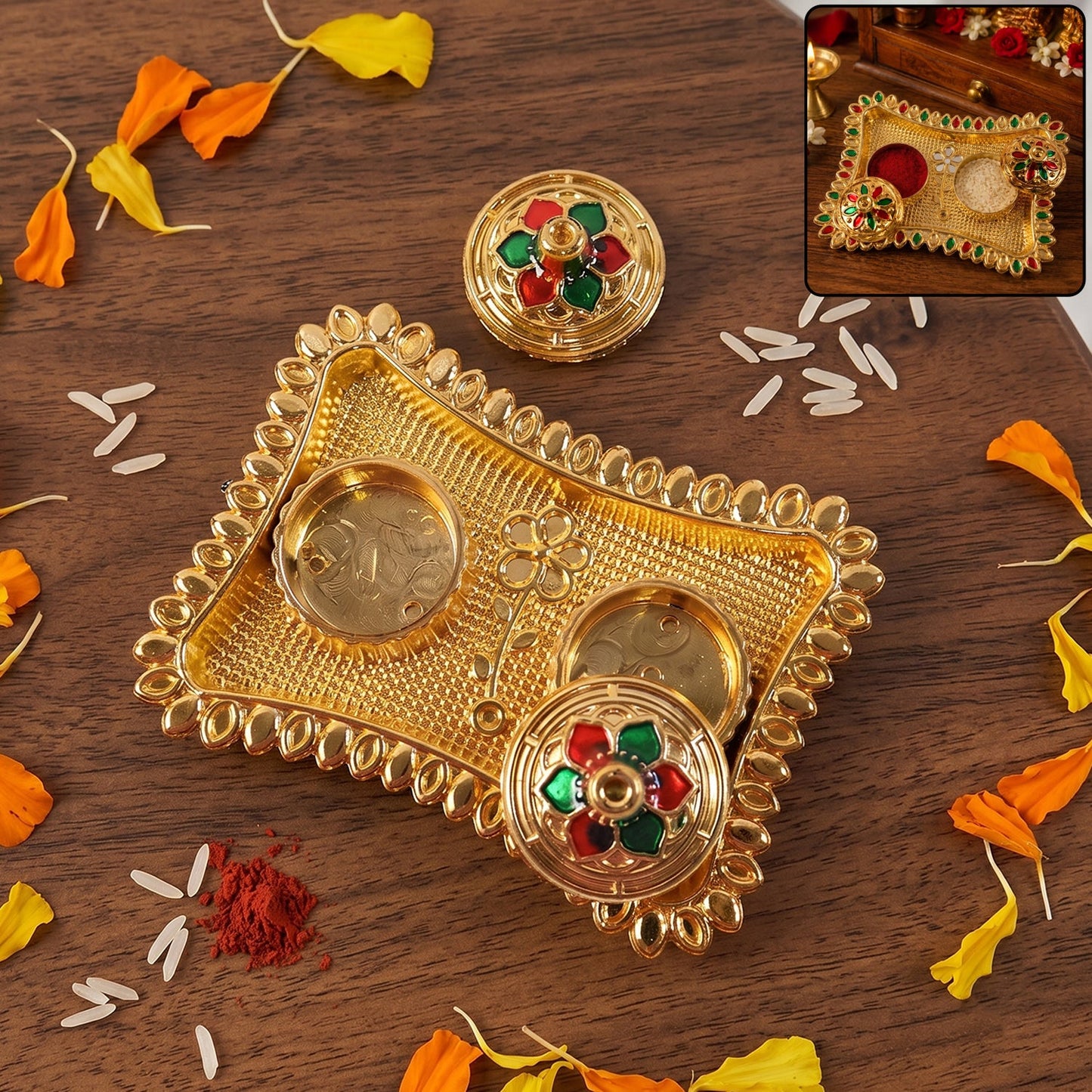 Beautifully crafted religious kumkum holder with colorful meenakari detailing