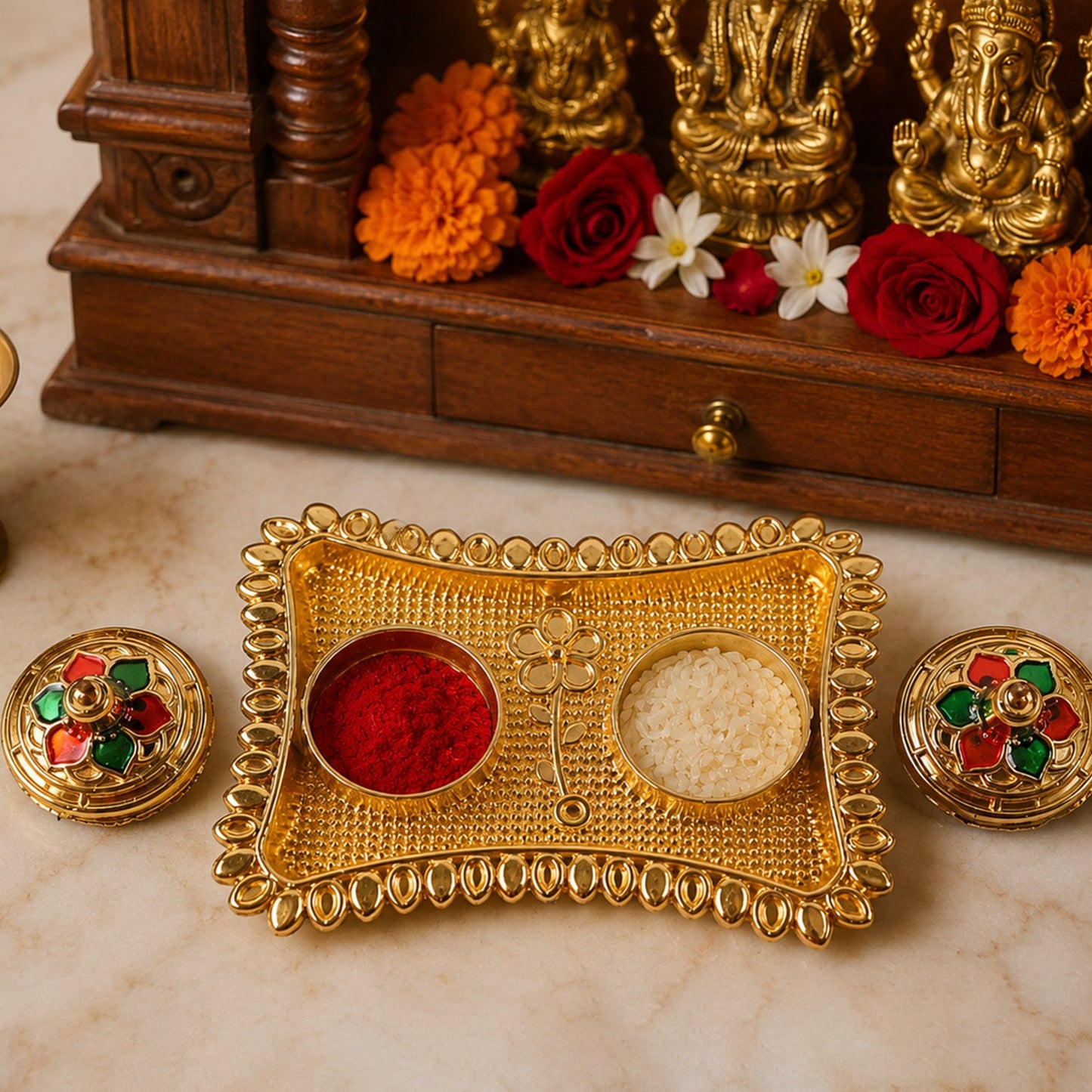 Elegant traditional kumkum holder with floral meenakari lids for puja