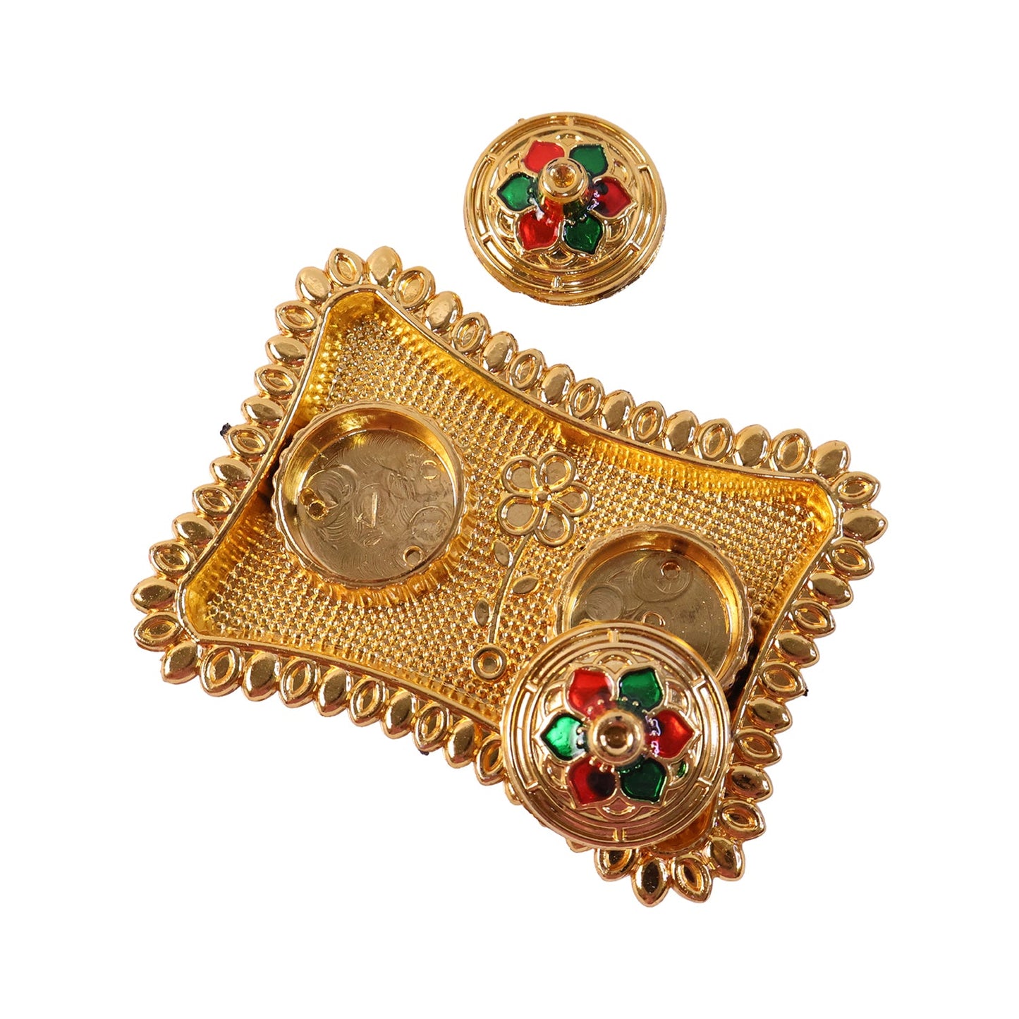 Golden pooja kumkum holder with beaded border for festival ceremonies