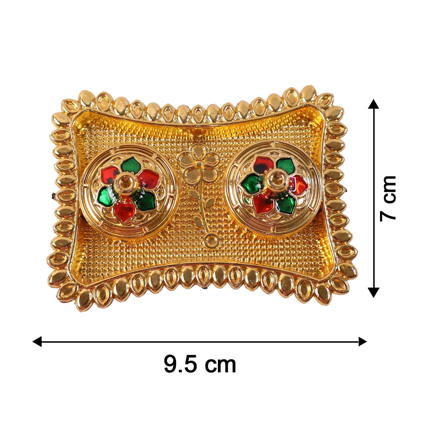 Close-up of gold finish kumkum holder with compartments and meenakari work