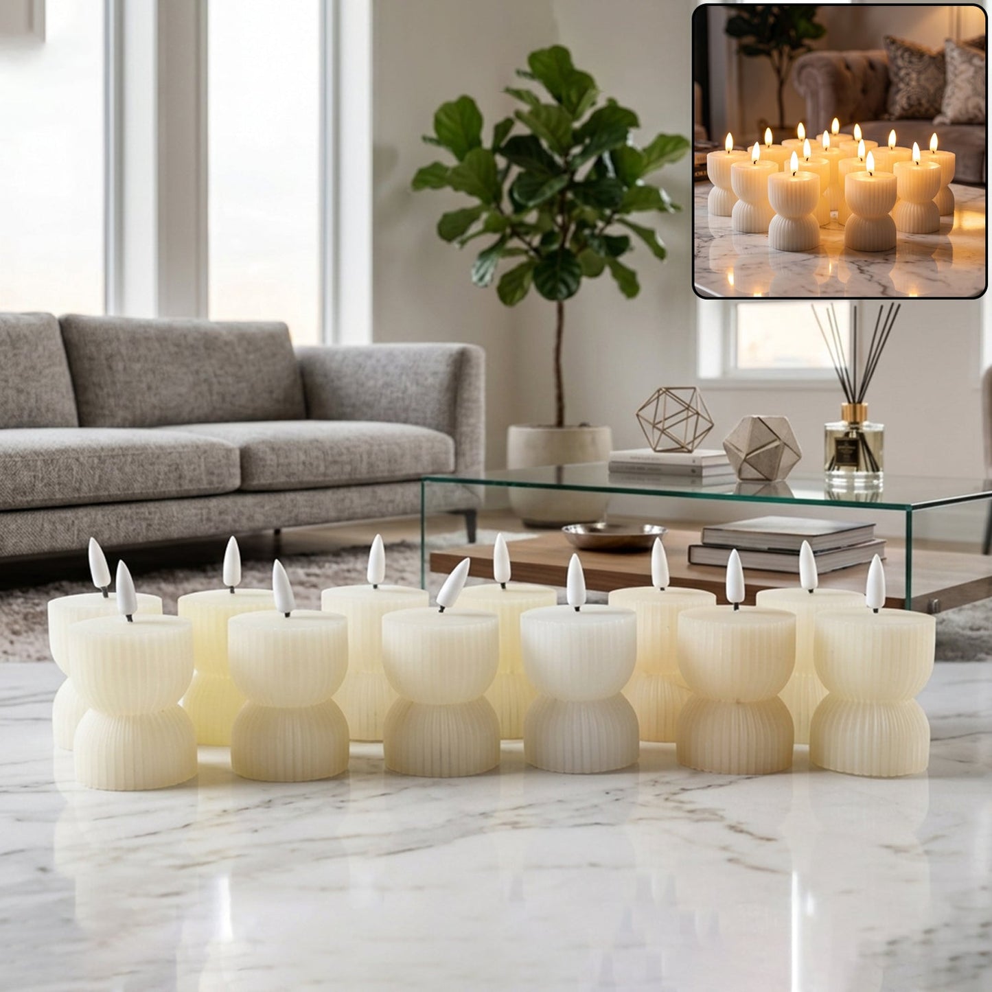 Flameless LED Decorative Candle Set Realistic Flame Ribbed Design (12 Pc)