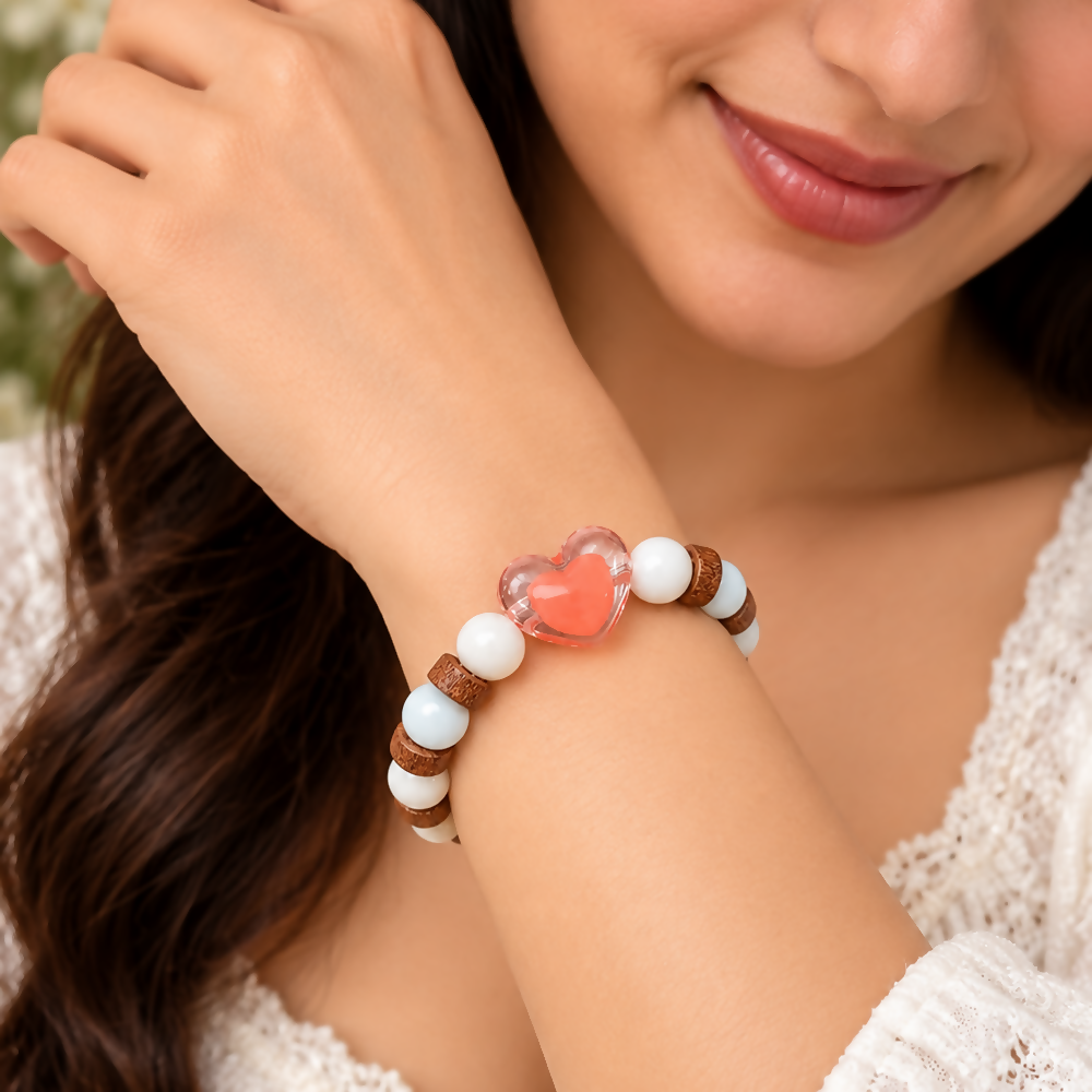 Heart Charm Bracelet with White Beads and Rustic Brown Spacer Details