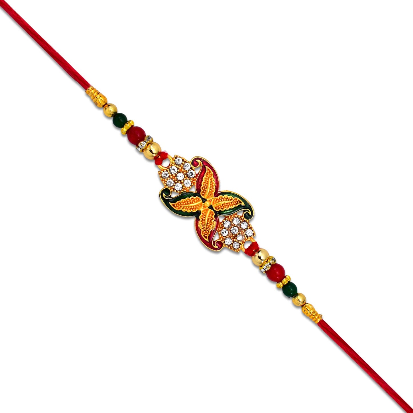 Handcrafted Rakhi with golden flower motif and vibrant beads perfect for Raksha Bandhan