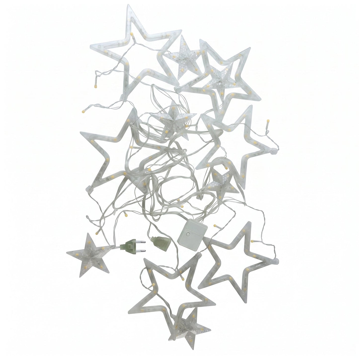 White star LED string lights on white background
