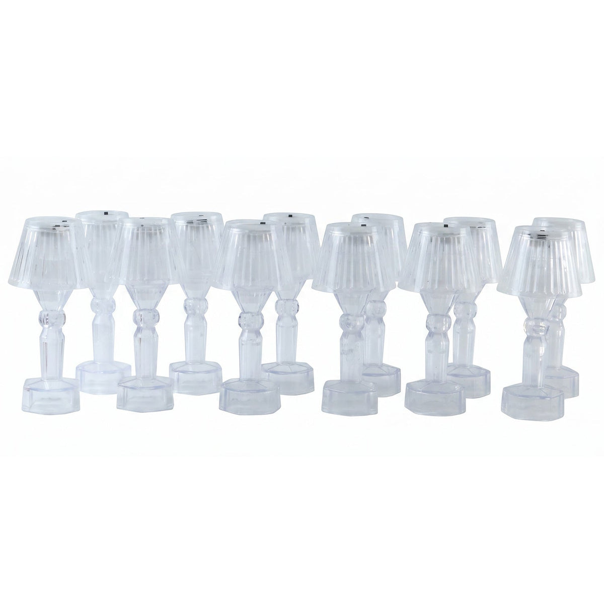 Twelve identical clear acrylic miniature table lamps with ribbed shades and hexagonal bases, displayed on a white background.