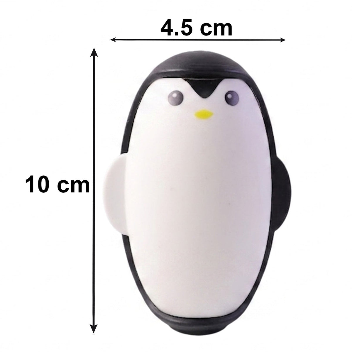 A black and white penguin lint roller with dimensions of 10 cm height and 4.5 cm width on a white background.