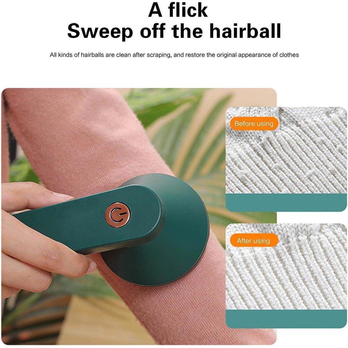 A hand uses a dark green lint remover on a pink sleeve, with before and after close-ups of fabric texture showing lint