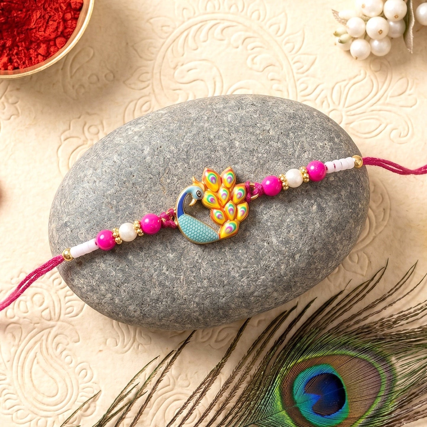 Traditional vibrant Rakhi thread with peacock motif