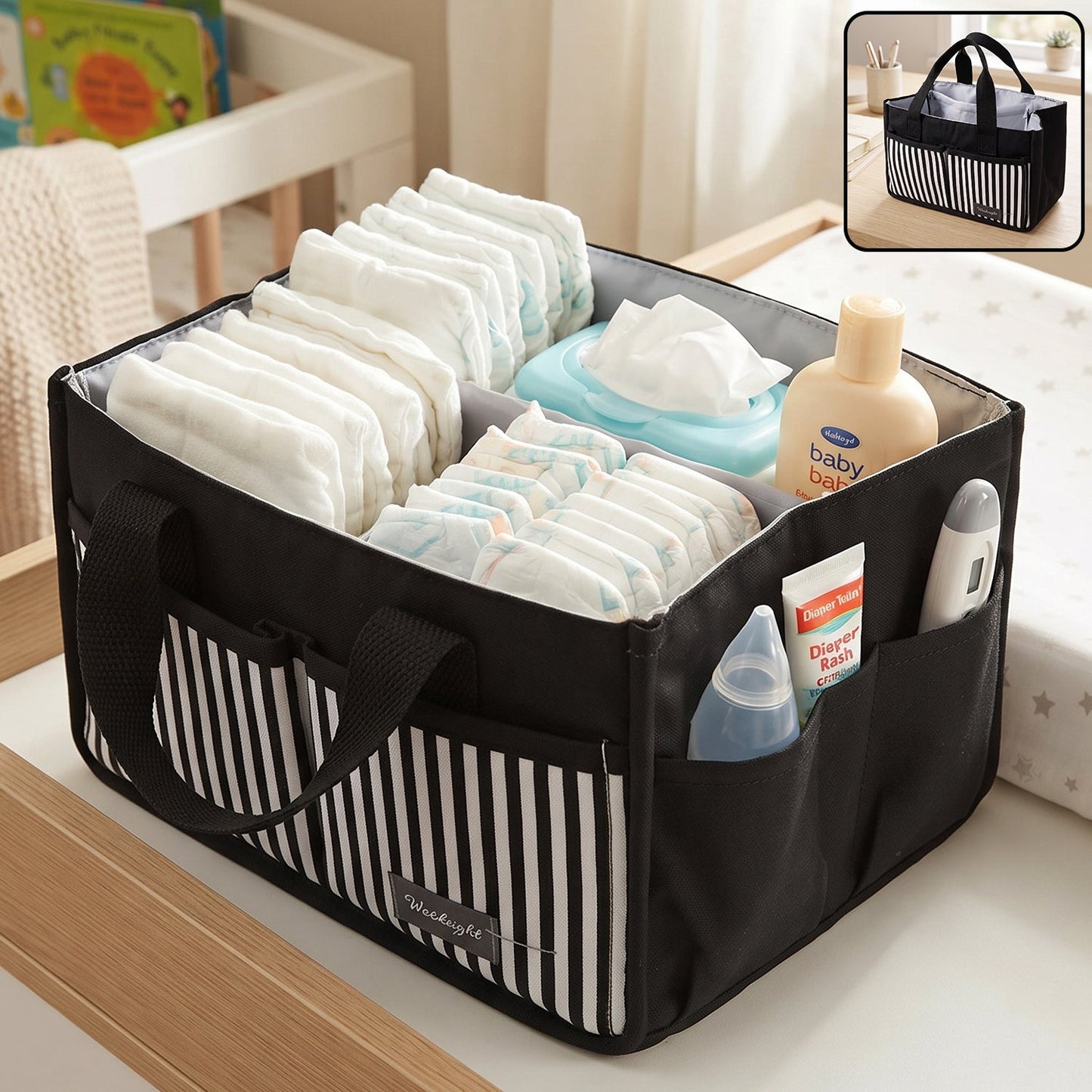 A black and white striped travel organizer bag caddy holds diapers, wipes, lotion, and a thermometer on a changing table.