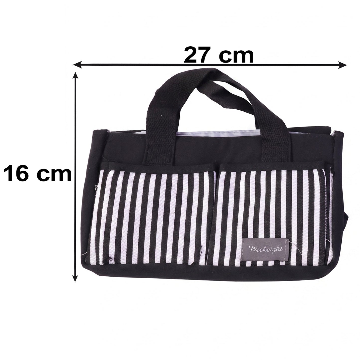 A black and white striped organizer bag caddy with handles is shown with its length and height dimensions of 27 cm and 16 cm.