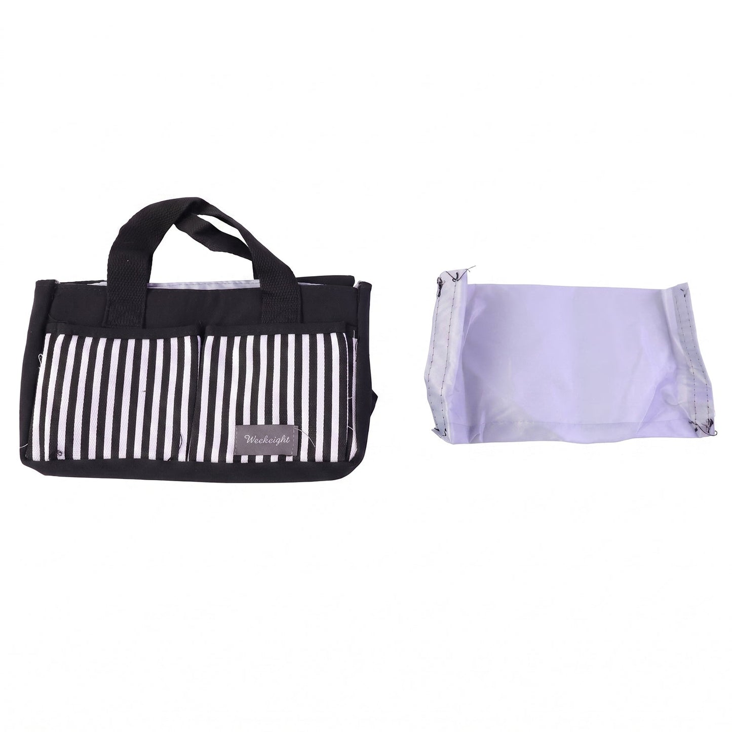 A black and white striped organizer bag caddy with handles is shown next to a gray fabric divider on a white background.