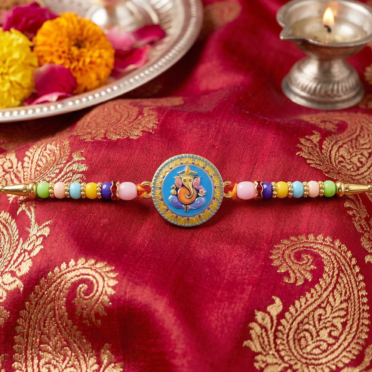 Elegant Ganesha Rakhi showing soft thread and bead details