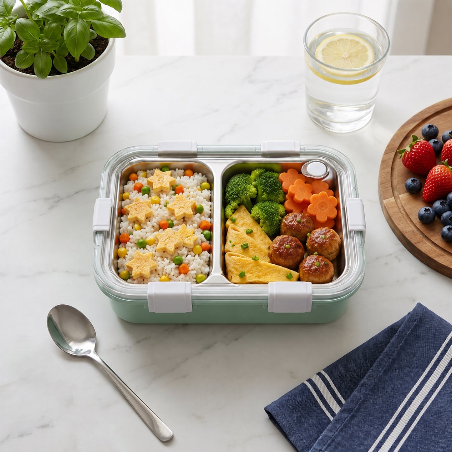 Stainless Steel Lunch Box 2 Section Lunch Box With Spoon