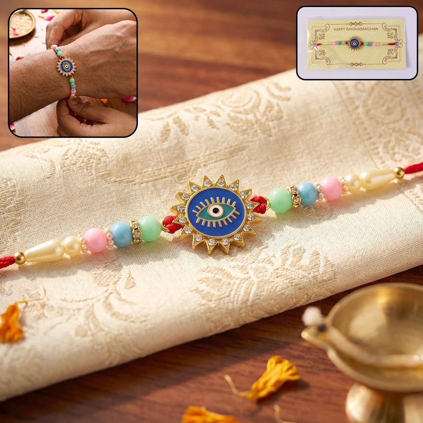 Evil Eye Sun Rays Designer Rakhi with decorative beads and stylish design