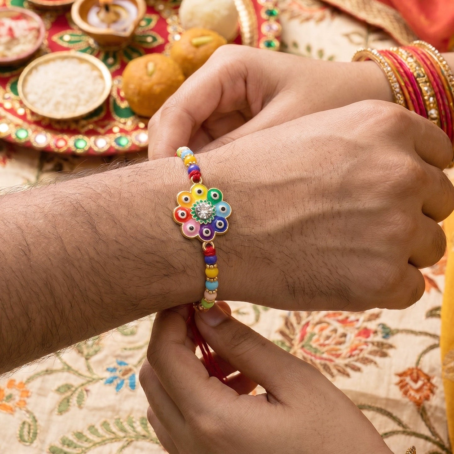Colorful designer Rakhi with floral and evil eye motifs