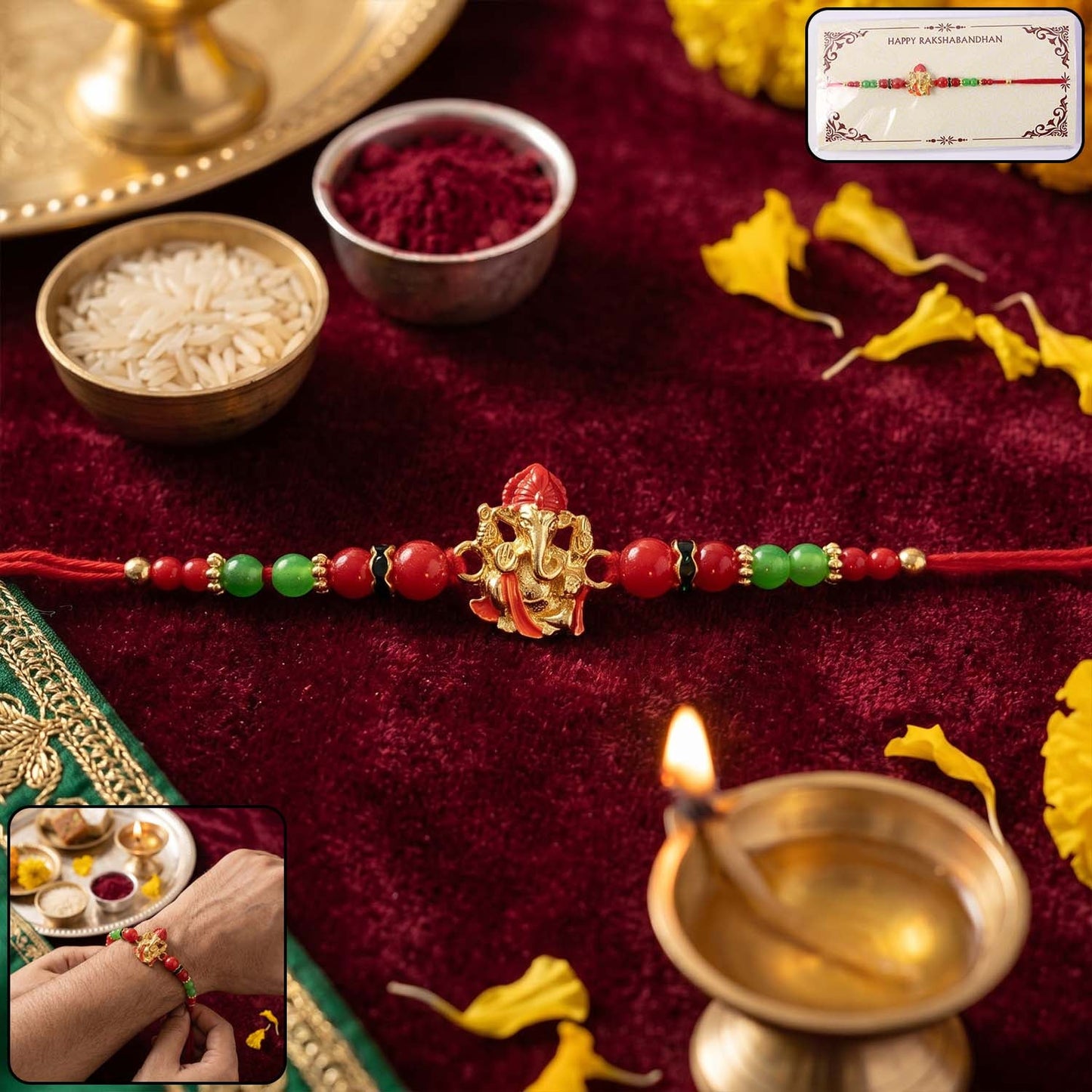 Decorative Ganesha-inspired Rakhi with beads for Raksha Bandhan festival