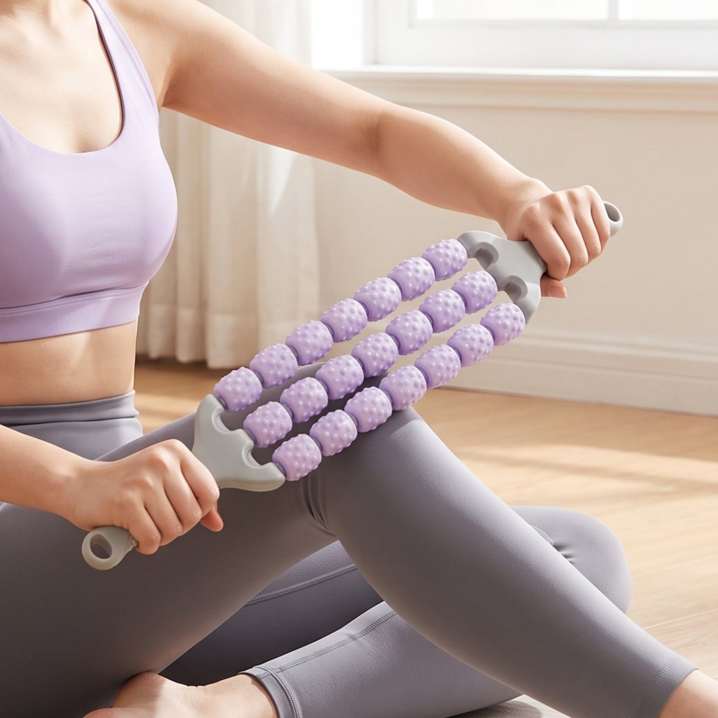 Roller massager used on calf muscles