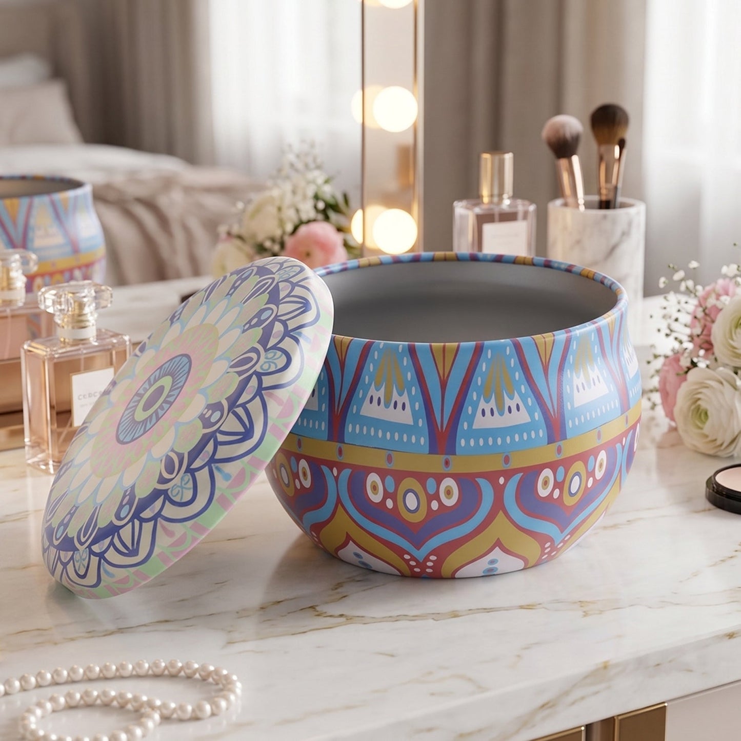 Metal Mandala Tin Box, Decorative Round Container for Candle and Trinkets (1 Pc)