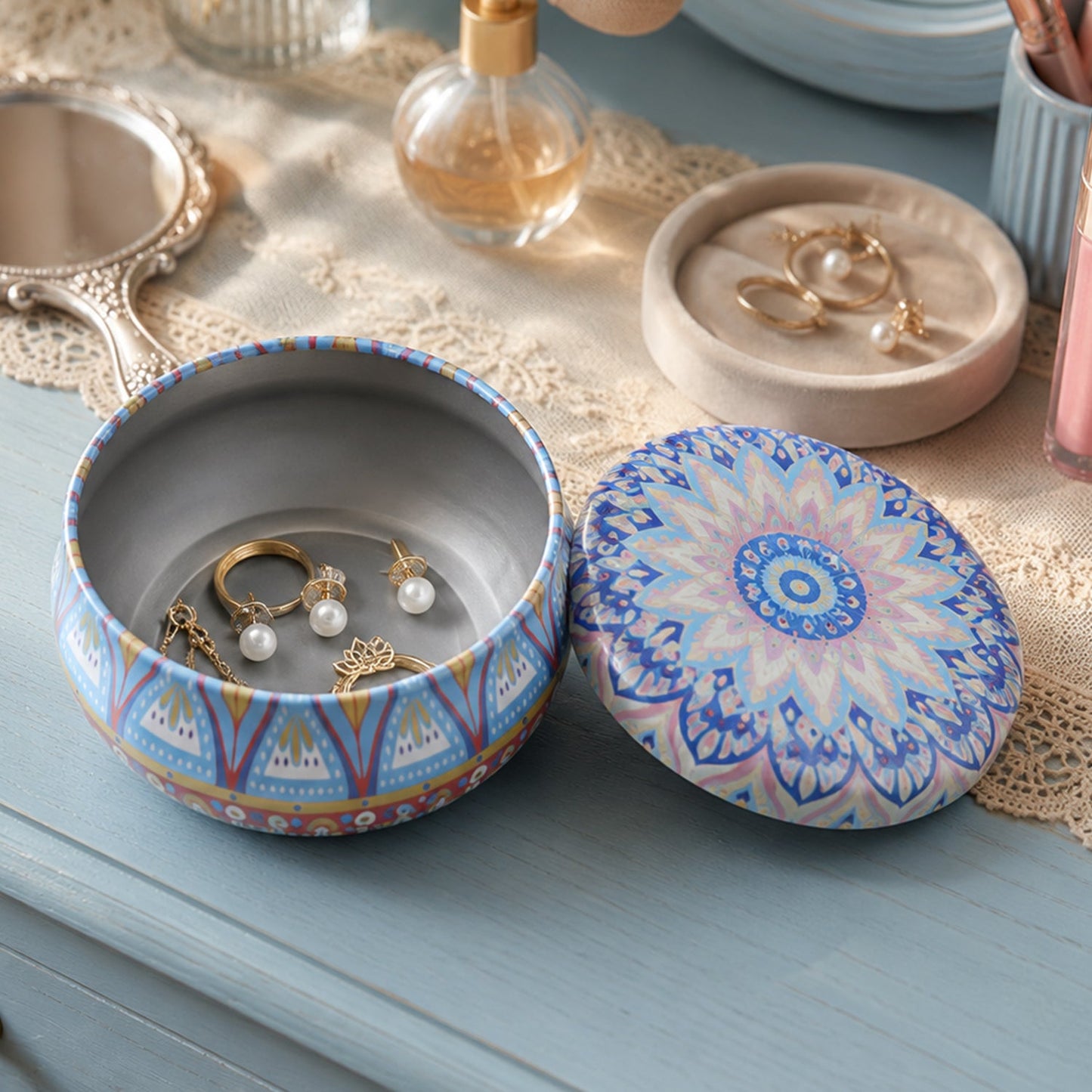 Metal Mandala Tin Box, Decorative Round Container for Candle and Trinkets (1 Pc)