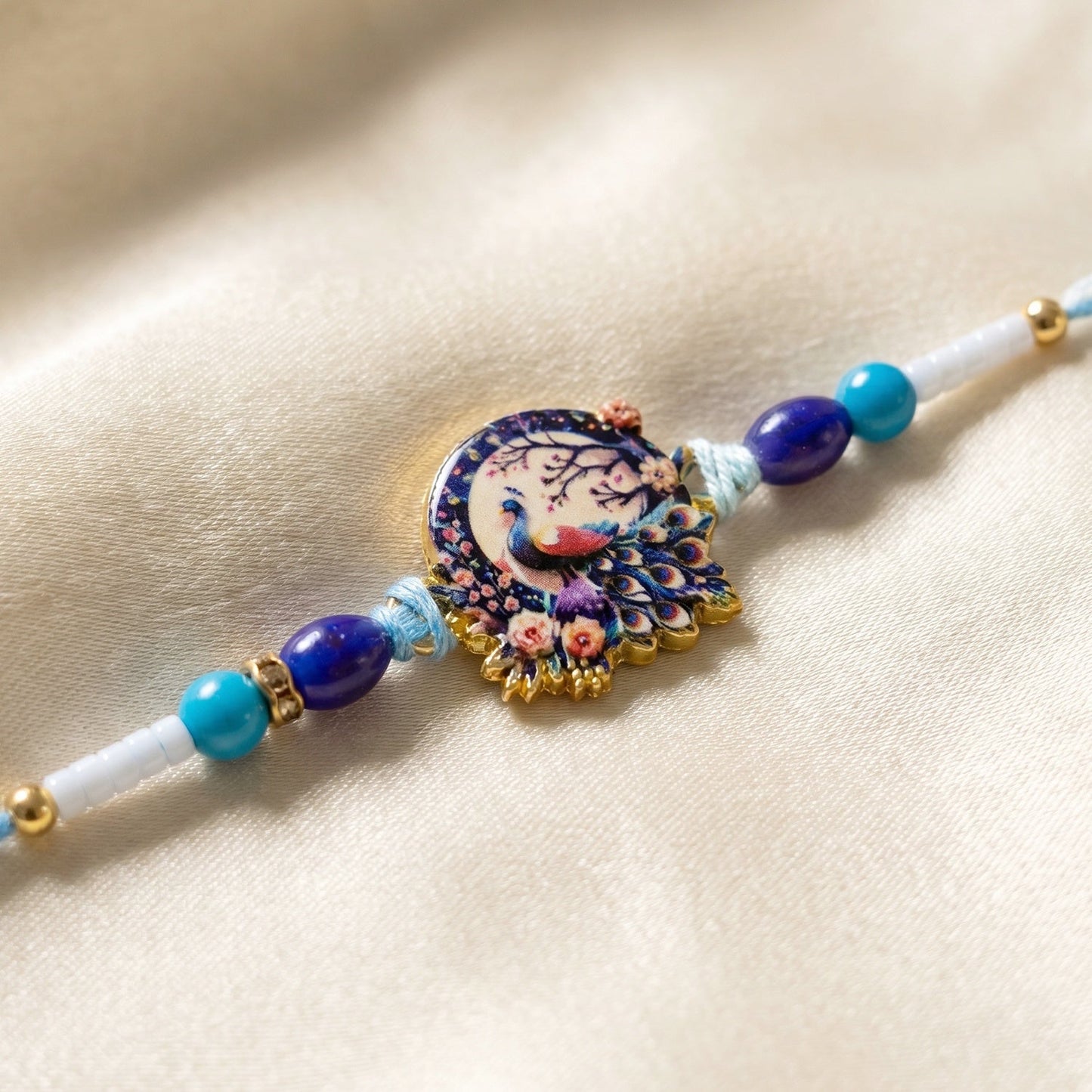 Traditional thread Rakhi with ornamental detailing and peacock accent