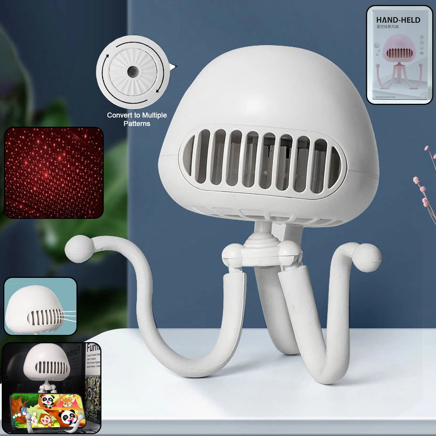 Handheld Mini Fan with LED Star Projector Flexible Tripod Stand (1 Pc)
