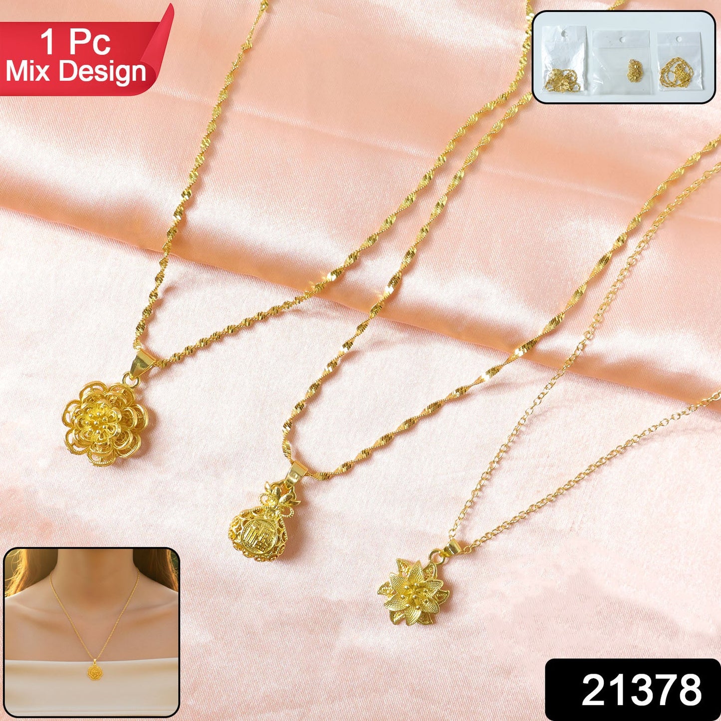 Elegant Gold Finish Floral & Traditional Pendant Necklace (1 Pc, Mix Design)