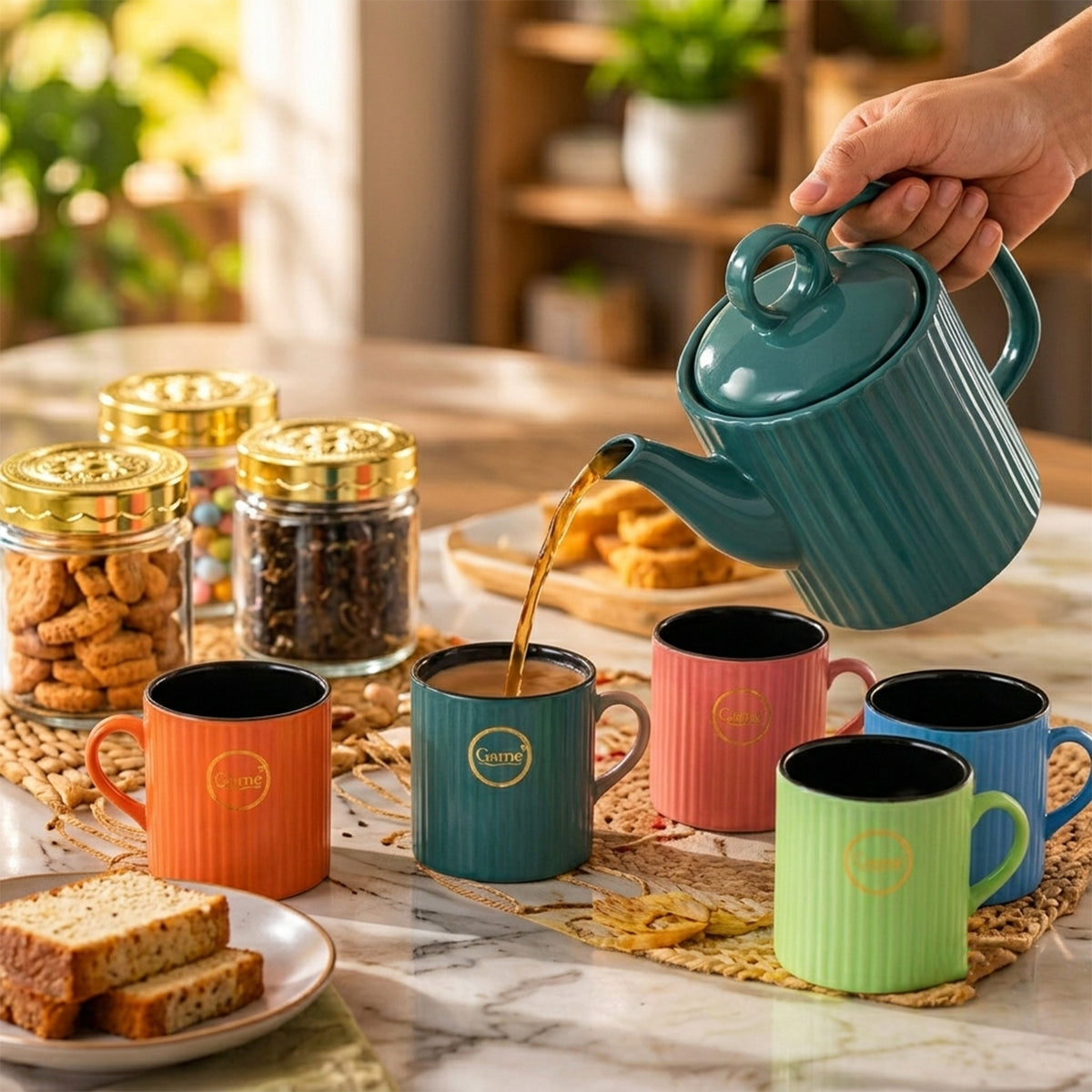Ceramic Tea Gift Set with 6 Mugs, Teapot & 4 Glass Storage Jars (11 in 1)