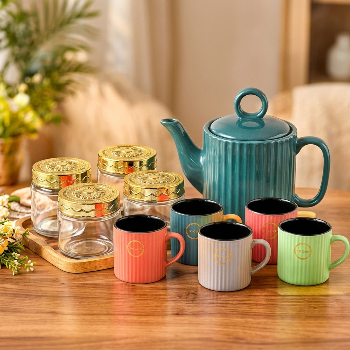 Ceramic Tea Gift Set with 6 Mugs, Teapot & 4 Glass Storage Jars (11 in 1)