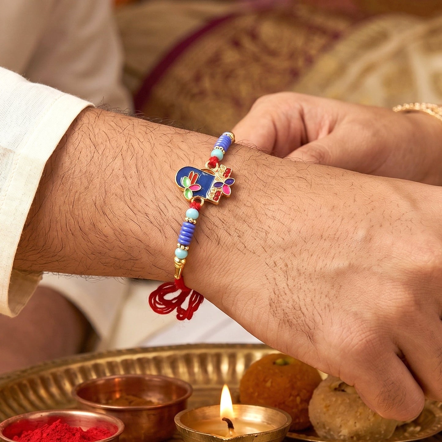 Traditional centerpiece of Royal Blue Shiv Rakhi