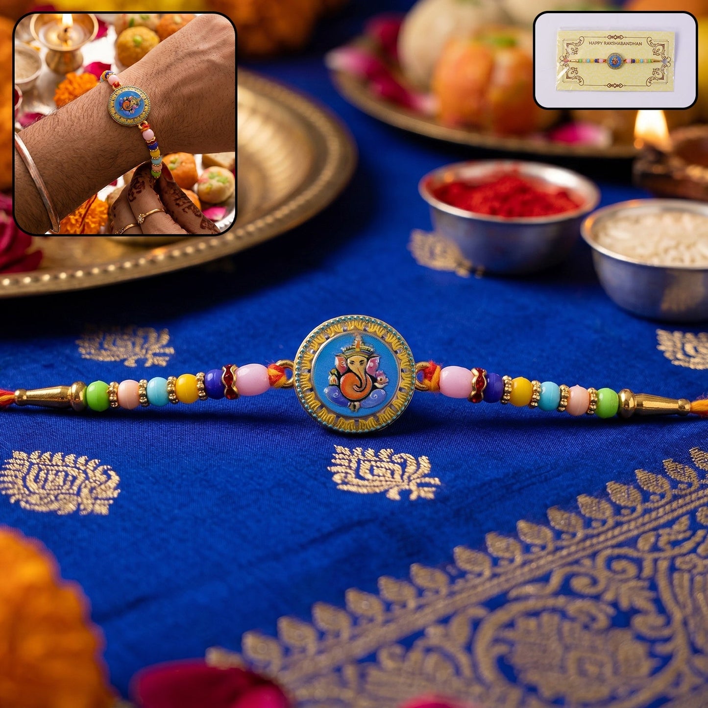 Decorative Lord Ganesha coin centerpiece on Rakhi with beads